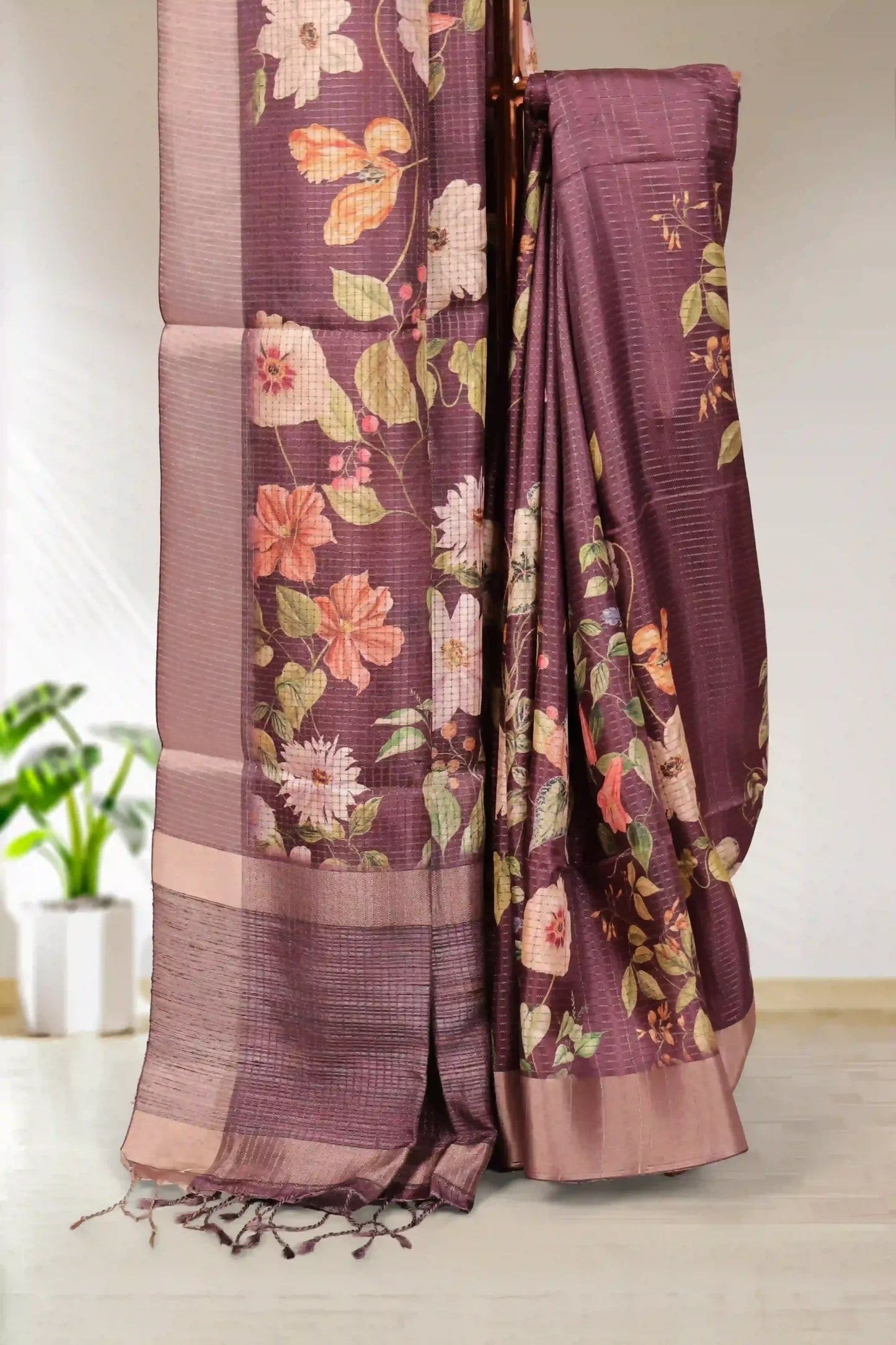 Wine Semi Tussar Saree