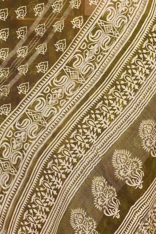 Olive Green Semi Linen Saree