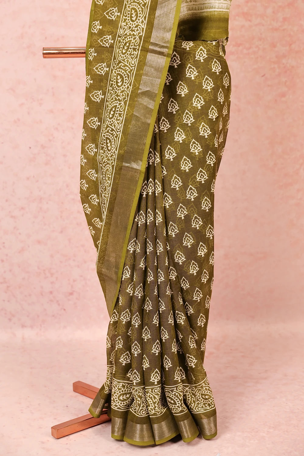 Olive Green Semi Linen Saree