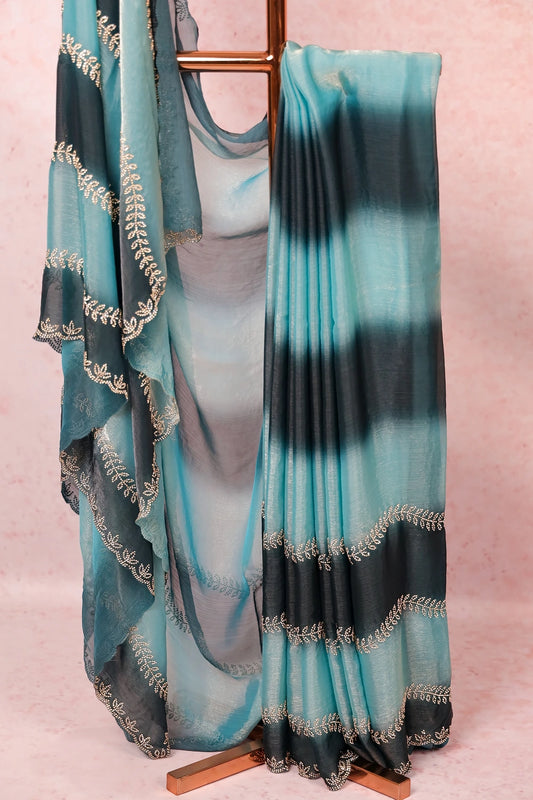 Blue With Green Semi Organza Saree