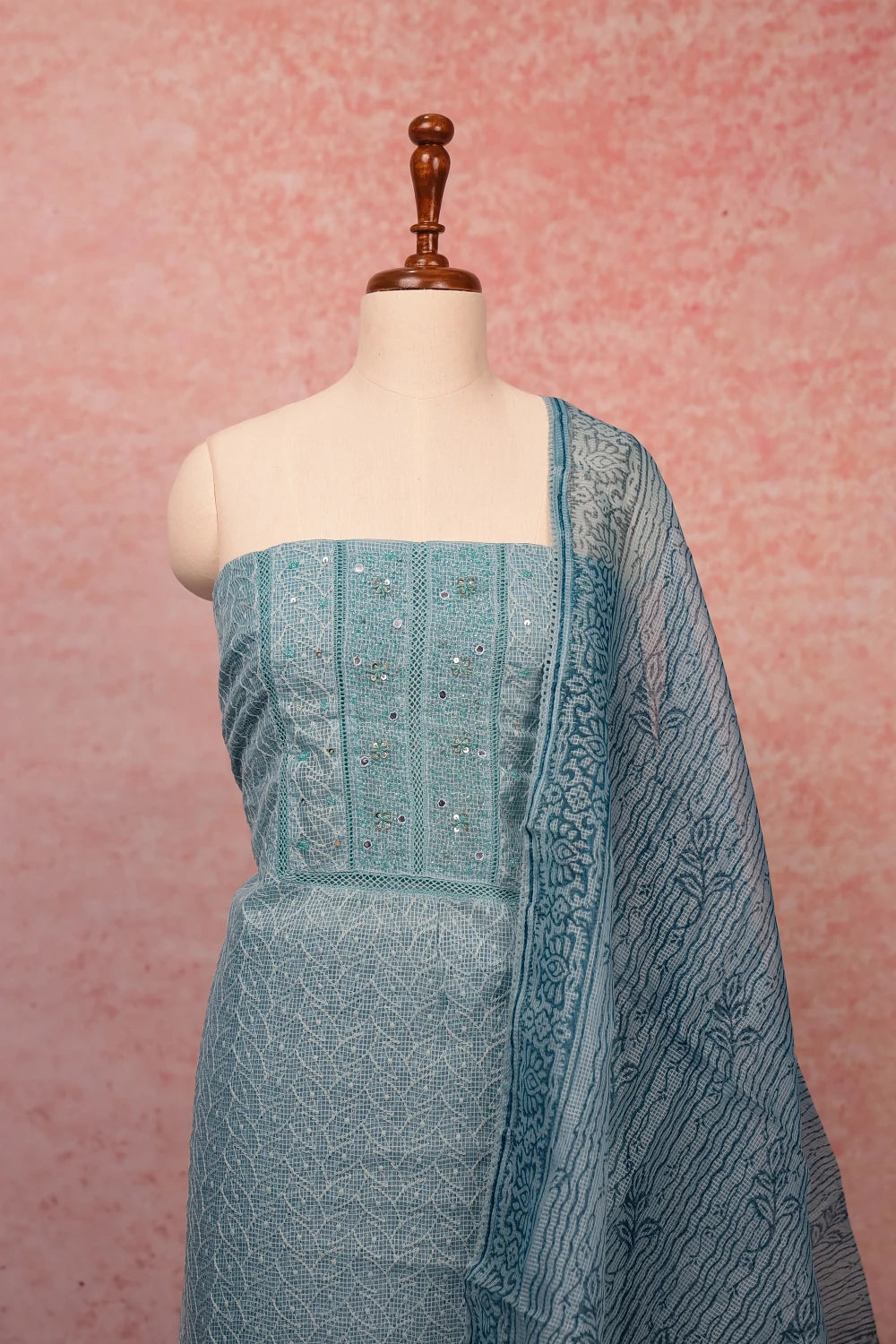 Light Blue Kota Embroidery Unstitched Churidar Material