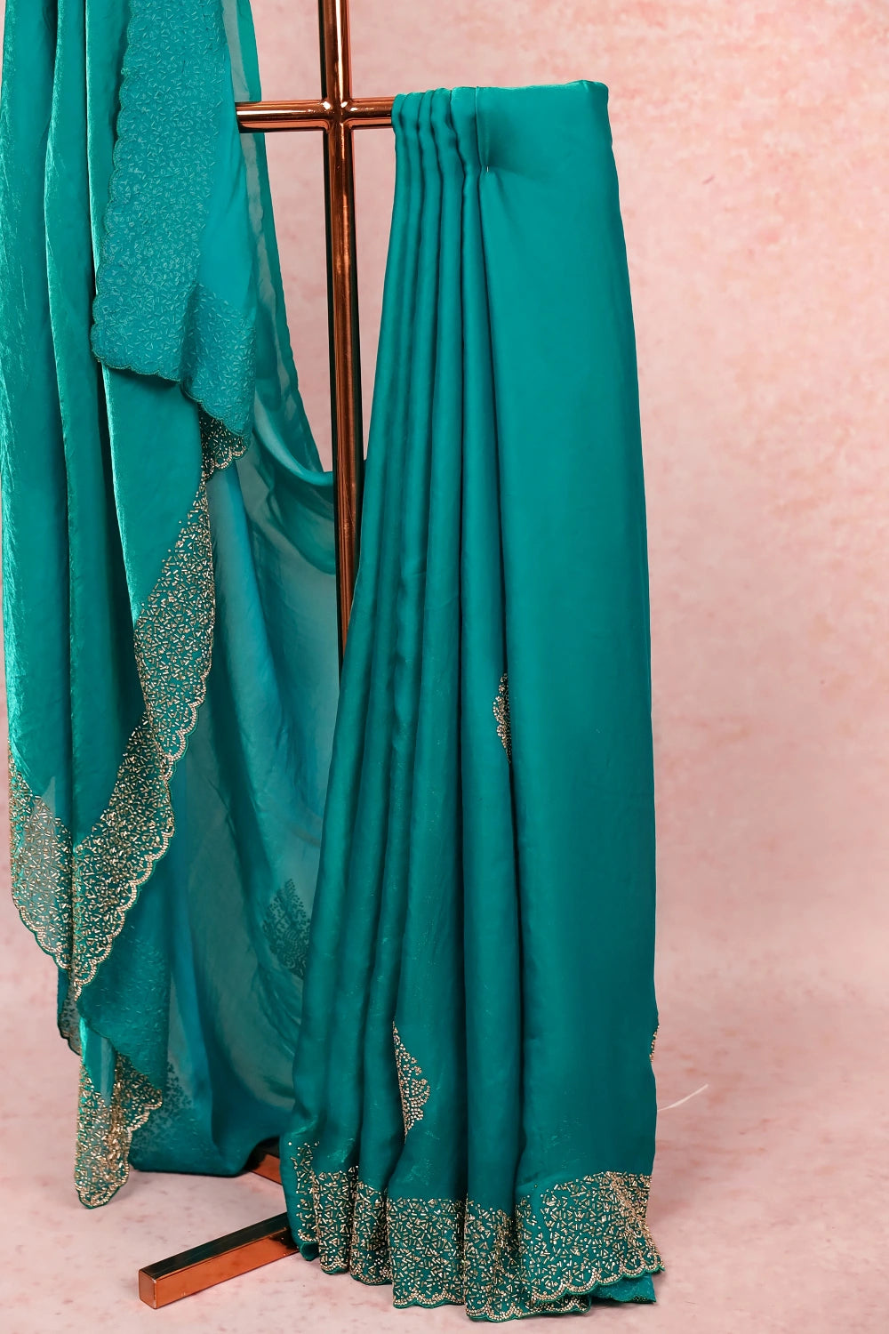 Sapphire Green Velvet Organza Saree