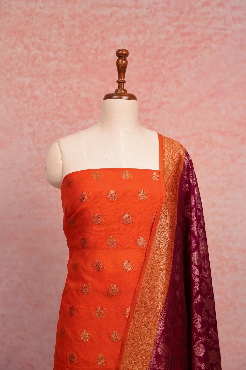 Orange Banarasi Butta Unstitched Churidhar Material