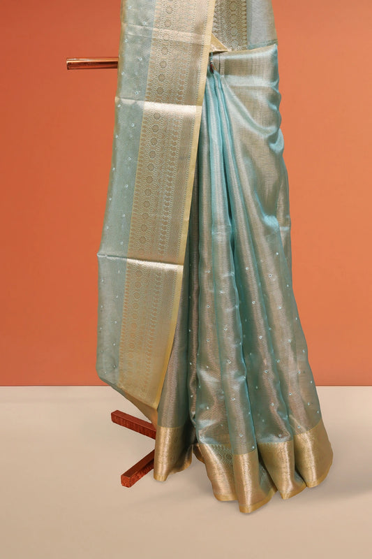 Peacock Blue Semi Tissue Saree