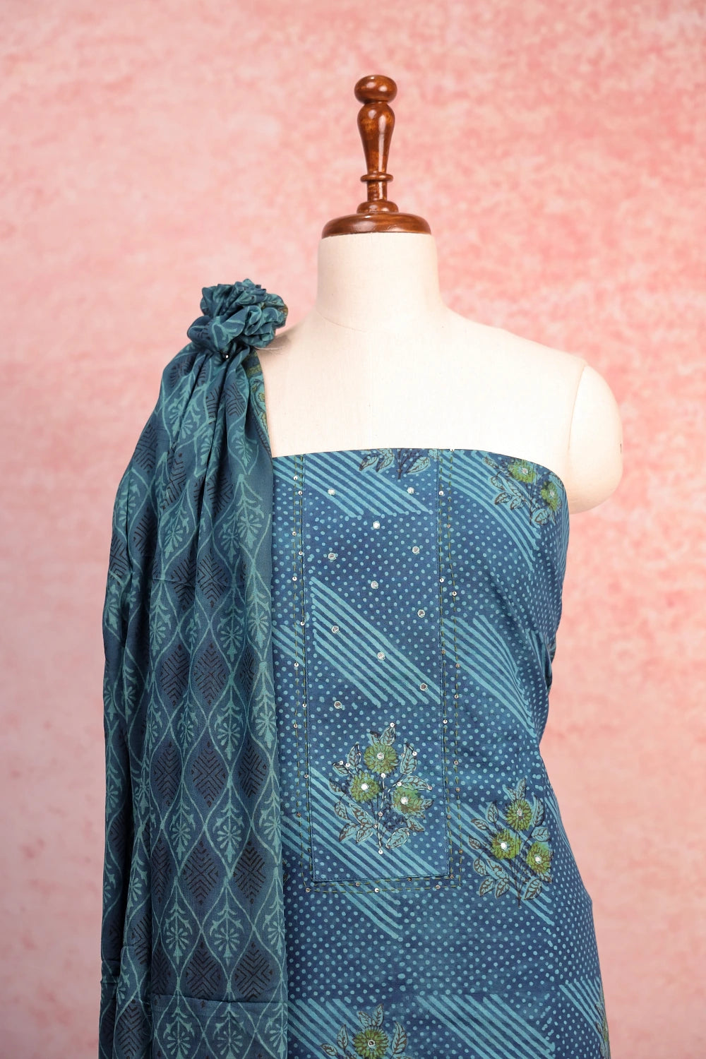 Blue Cotton Printed Unstitched Churidhar Material