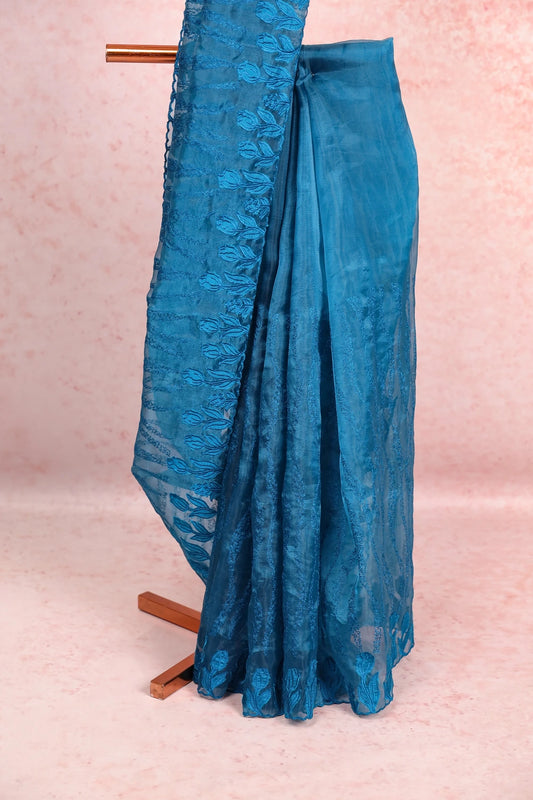 Peacock Blue Organza Saree