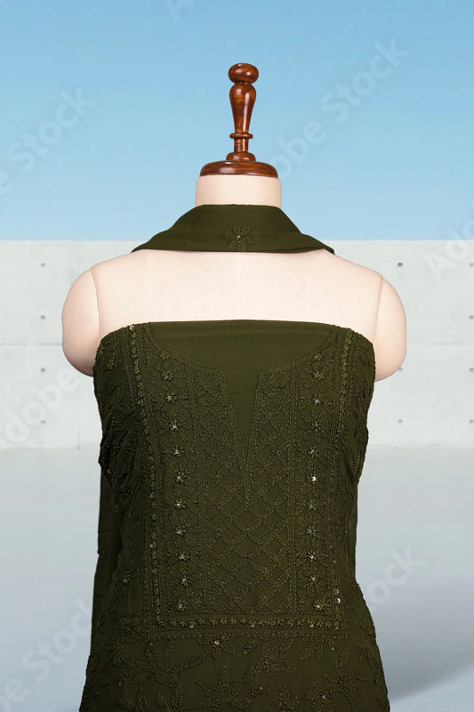 Green Georgette Chikankari Work Unstitched Churidhar Material