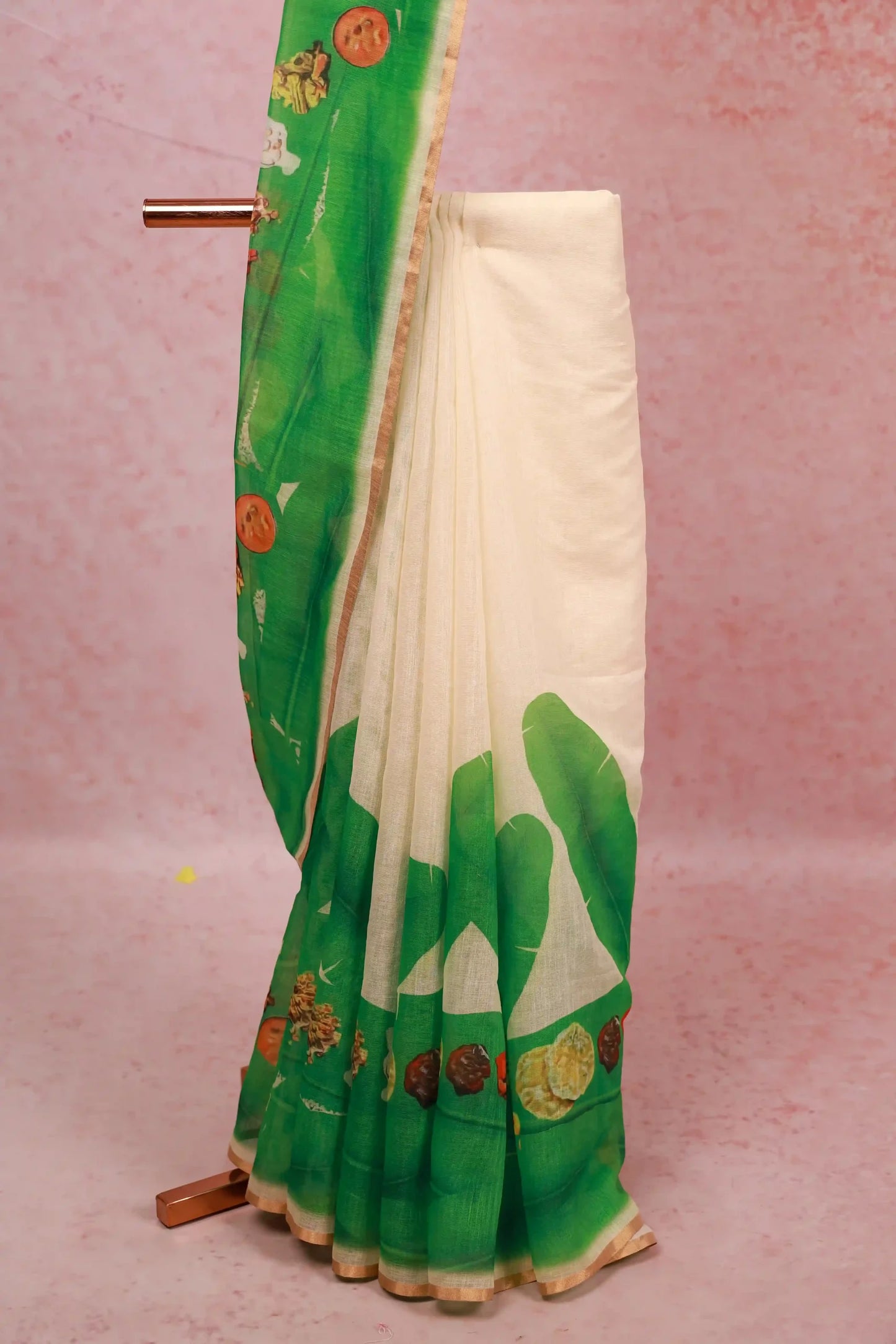 Off White Semi Linen Kerala Saree