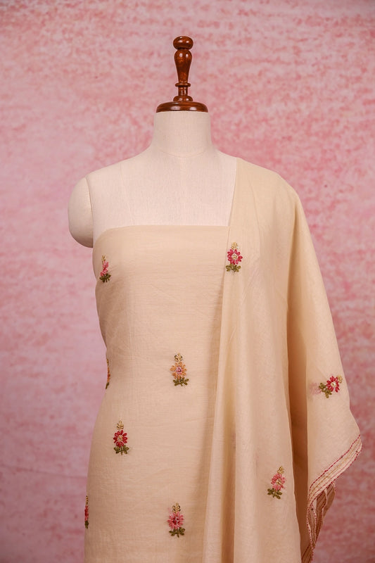 Cream Chanderi Embroidary Unstitched Churidhar Material