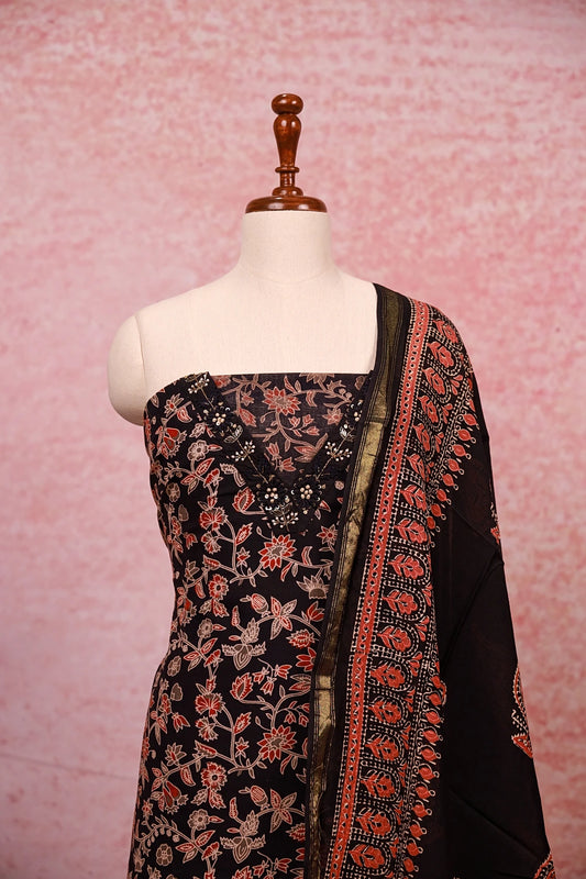 Black Cotton Printed Unstitched Churidhar Material