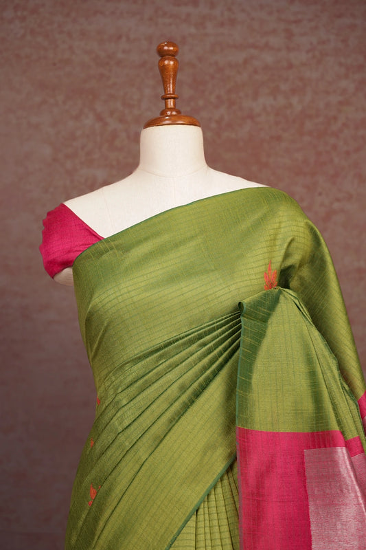 Parrot Green Semi Tussar Saree