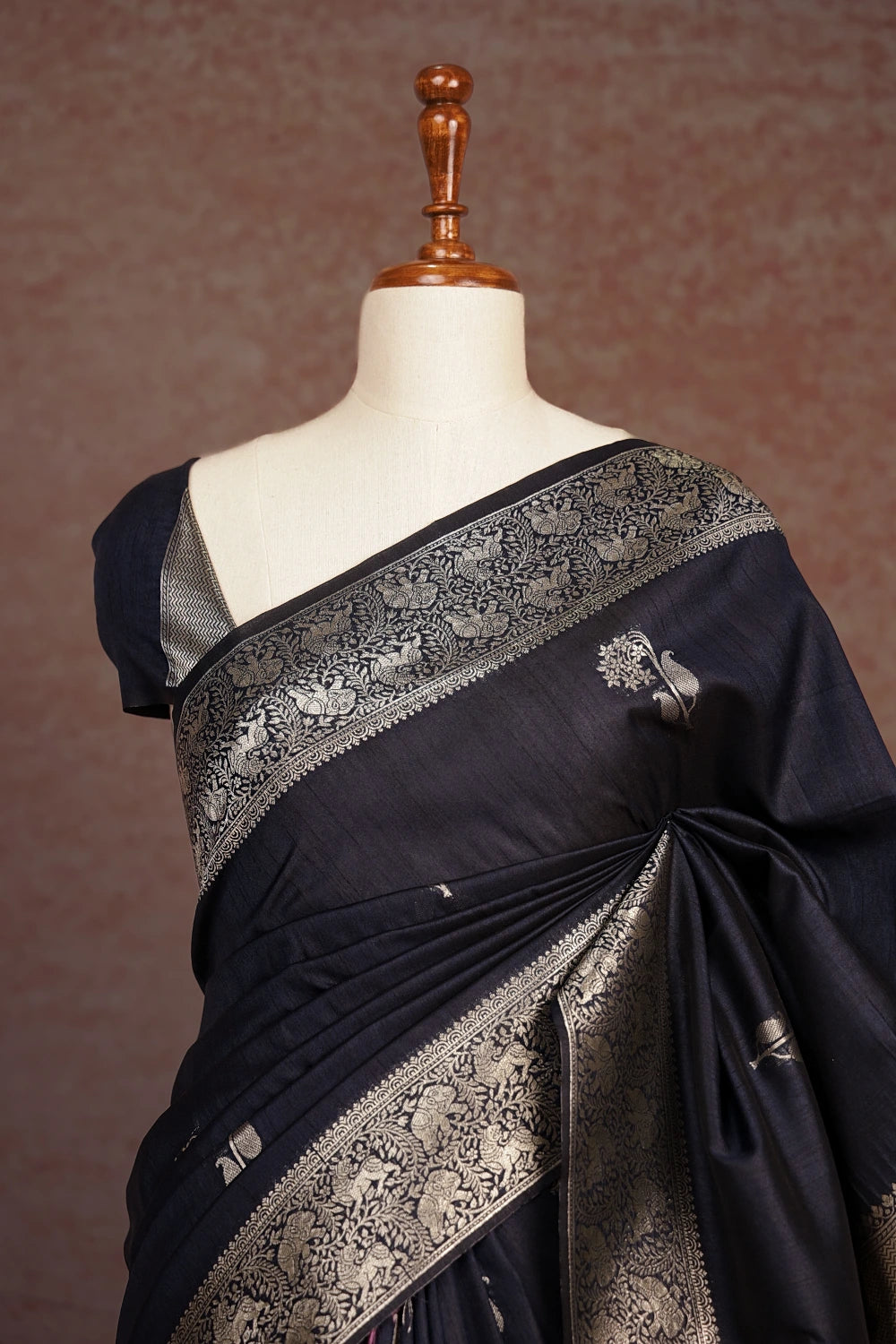 Dark Navy Blue Semi Banarasi Saree