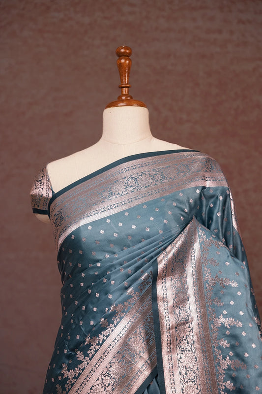 Pastel Blue Satin Banarasi Saree