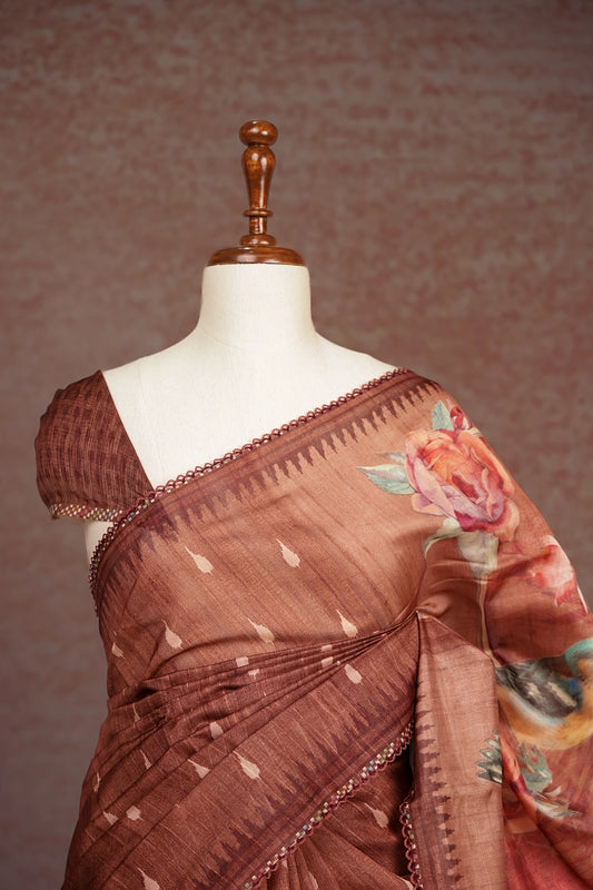 Chocolate Colour Organza Tussar Saree