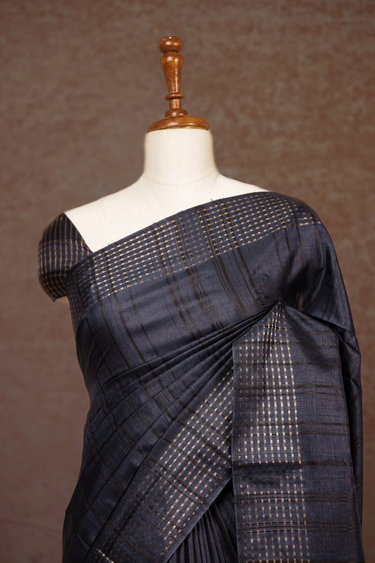 Dark Navy Blue Tussar Silk Saree