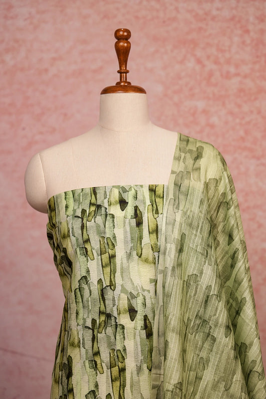 Light Green Semi Tussar Printed Unstitched Churidhar Material