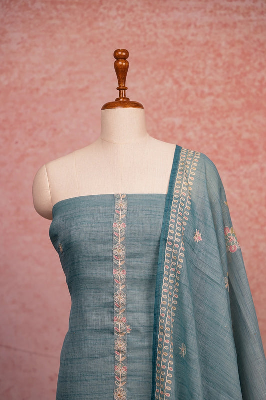 Light Blue Linen Embroidery Unstitched Churidhar Material