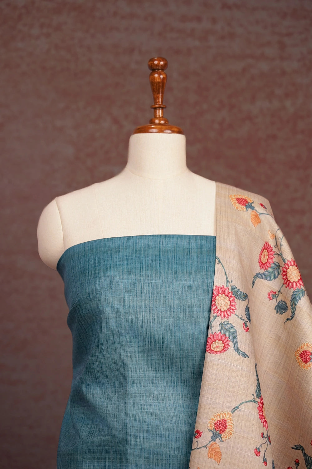 Greyish Blue Semi Tussar Printed Unstitched Churidhar Material