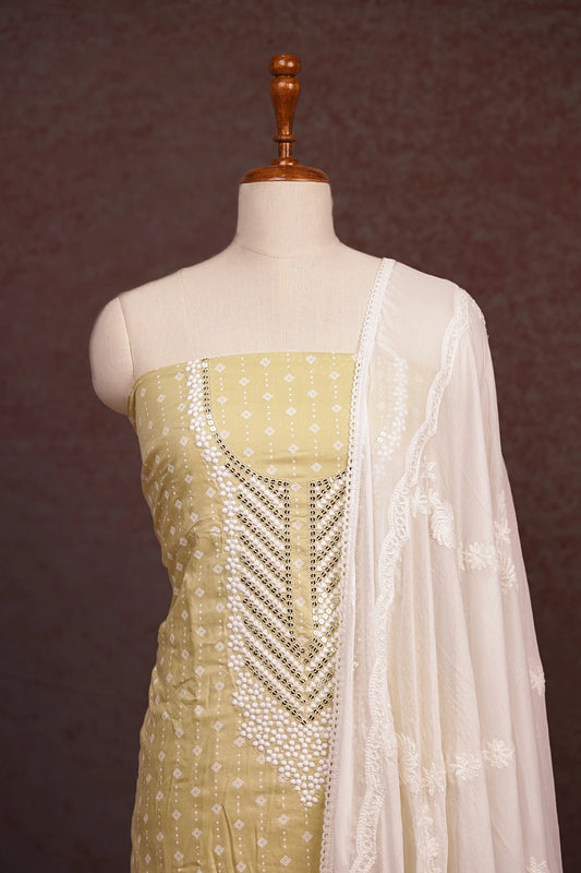 Lemon Yellow Cotton Floral Printed With Sequins Unstitched Churidhar Material