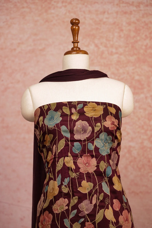 Wine Red Cotton Printed With Thread Work Unstitched Churidhar Material