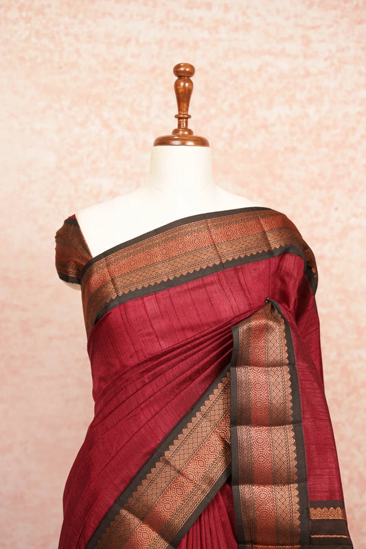 Dark Wine Tussar Jute Saree