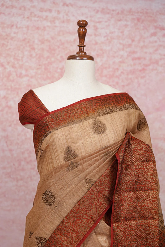 Cream Beige Semi Jute Saree