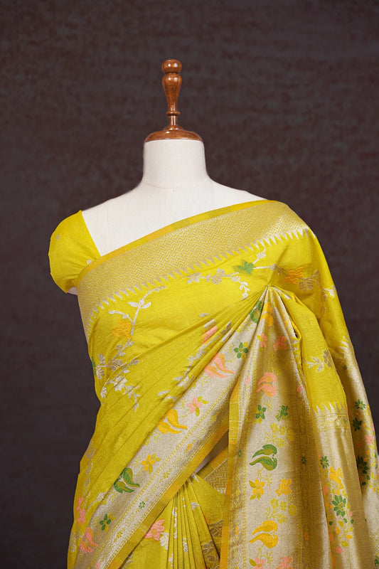 Lemon Yellow Semi Banarasi Saree - Seematti