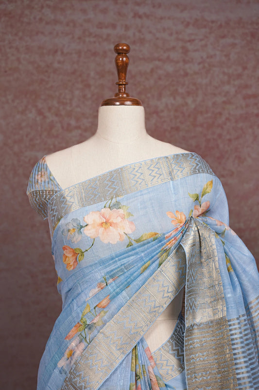 Sky Blue Semi Jute Saree - Seematti