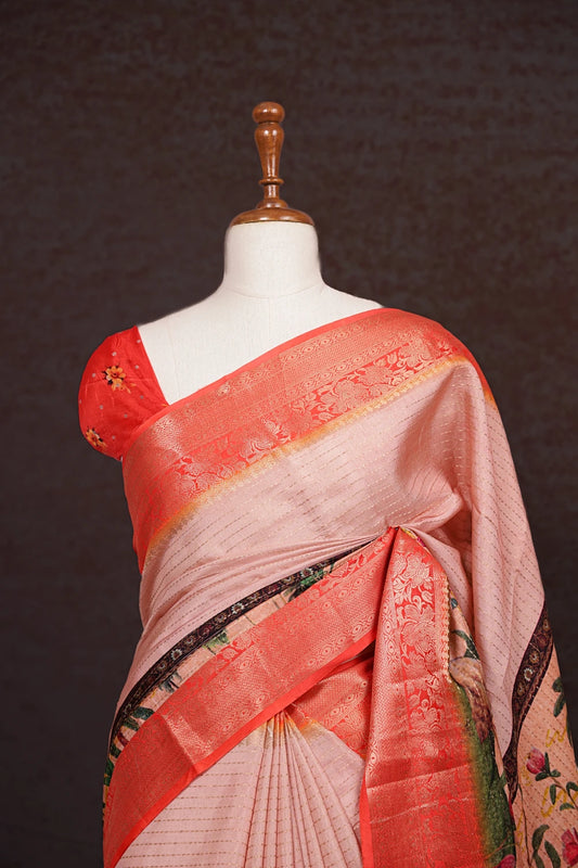 Peach Semi Banarasi Saree - Seematti