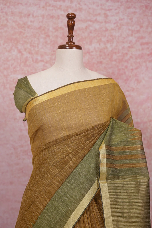 Mustard And Green Linen Cotton Saree