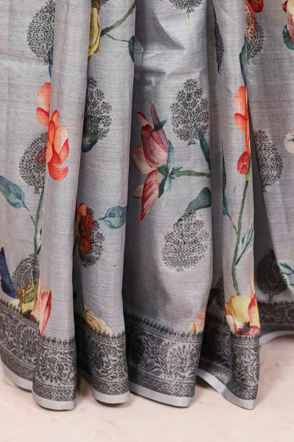 Grey Tussar Silk Saree