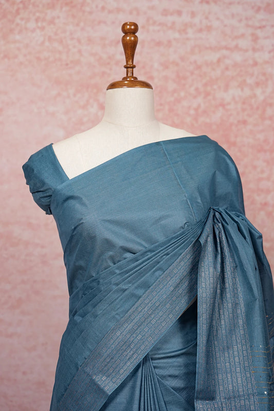 Ash Blue Semi Tussar Saree