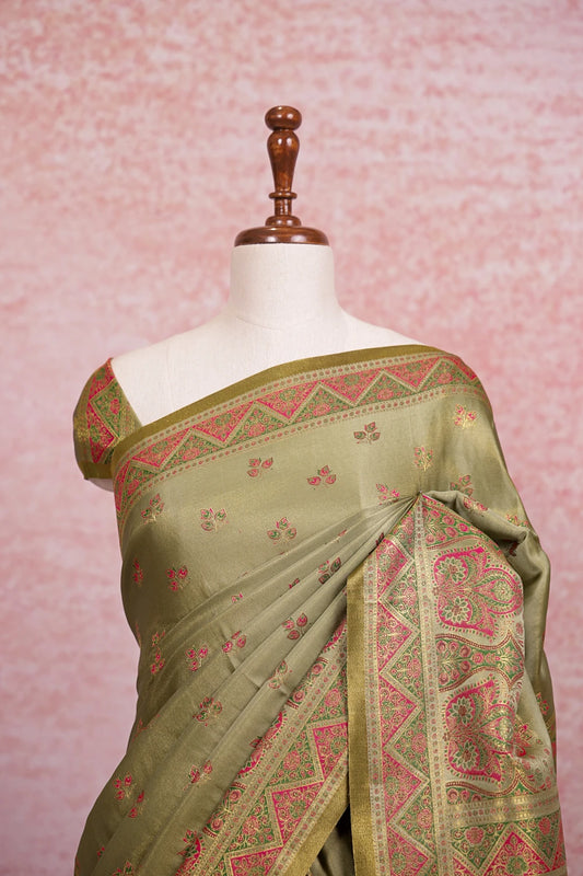Olive Green Satin Banarasi Saree - Seematti