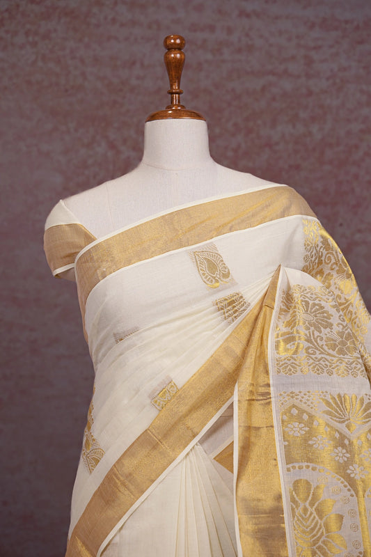 Off White Kerala Cotton Saree - Seematti