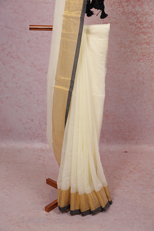 Off White Mul Cotton Kerala Saree - Seematti