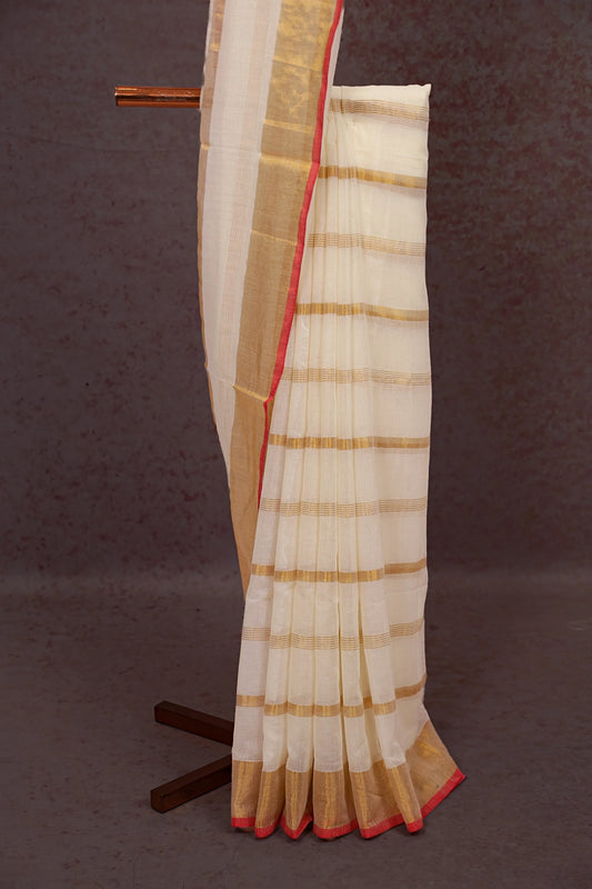 Off White Mul Cotton Kerala Saree - Seematti