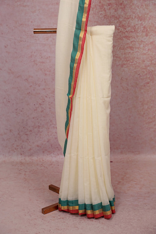 Off White Mul Cotton Kerala Saree - Seematti