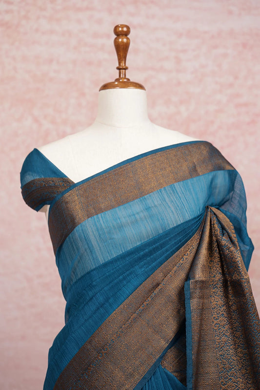 Teal Blue Semi Jute Saree - Seematti