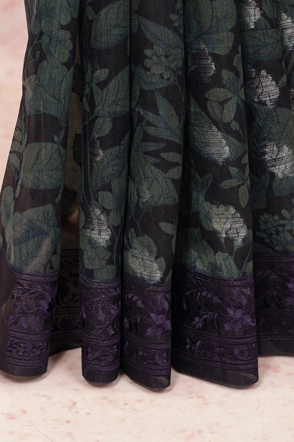 Navy Blue Semi Tussar Saree fabric spread, thread border detail