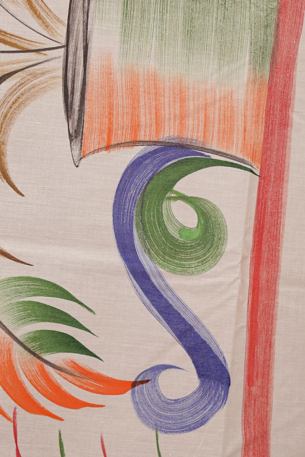 Off White Cotton Kerala Saree pallu spread, hand-painted swirl design