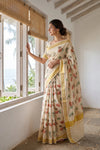 Golden Tissue Kerala Saree with lotus floral print - Seematti