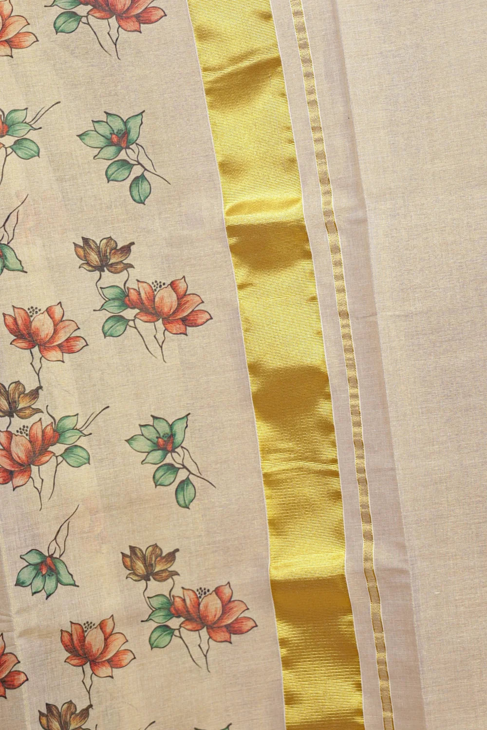 Golden Tissue Kerala Saree fabric spread