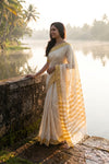 Off White Cotton Kerala Saree with golden border - Seematti
