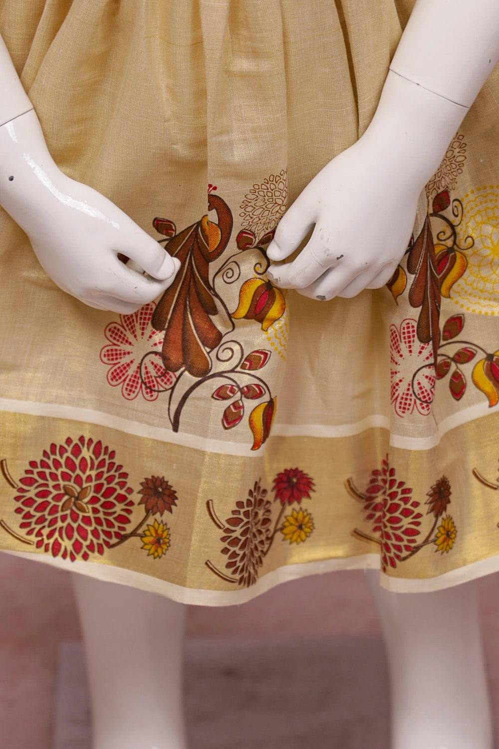 Girls Golden Tissue Peacock Printed Frock