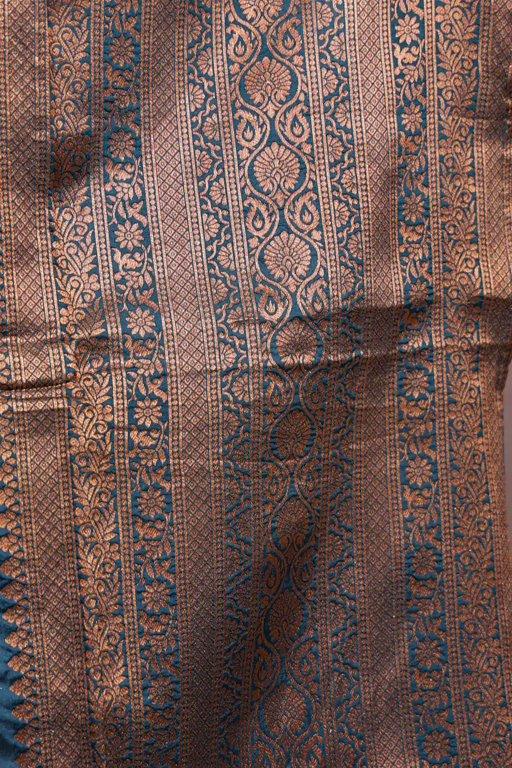 Grey And Deep Sea Blue Synthetic Brocade Dhavani Set