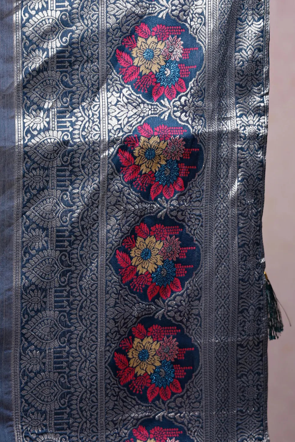 Beige, Pastel Blue & Deep Sea Blue Semi Silk Dhavani Set