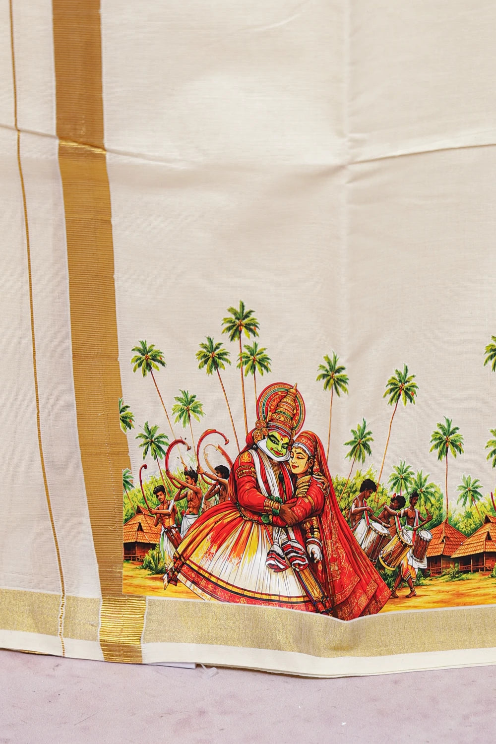 Cream Cotton Art Printed Dothi