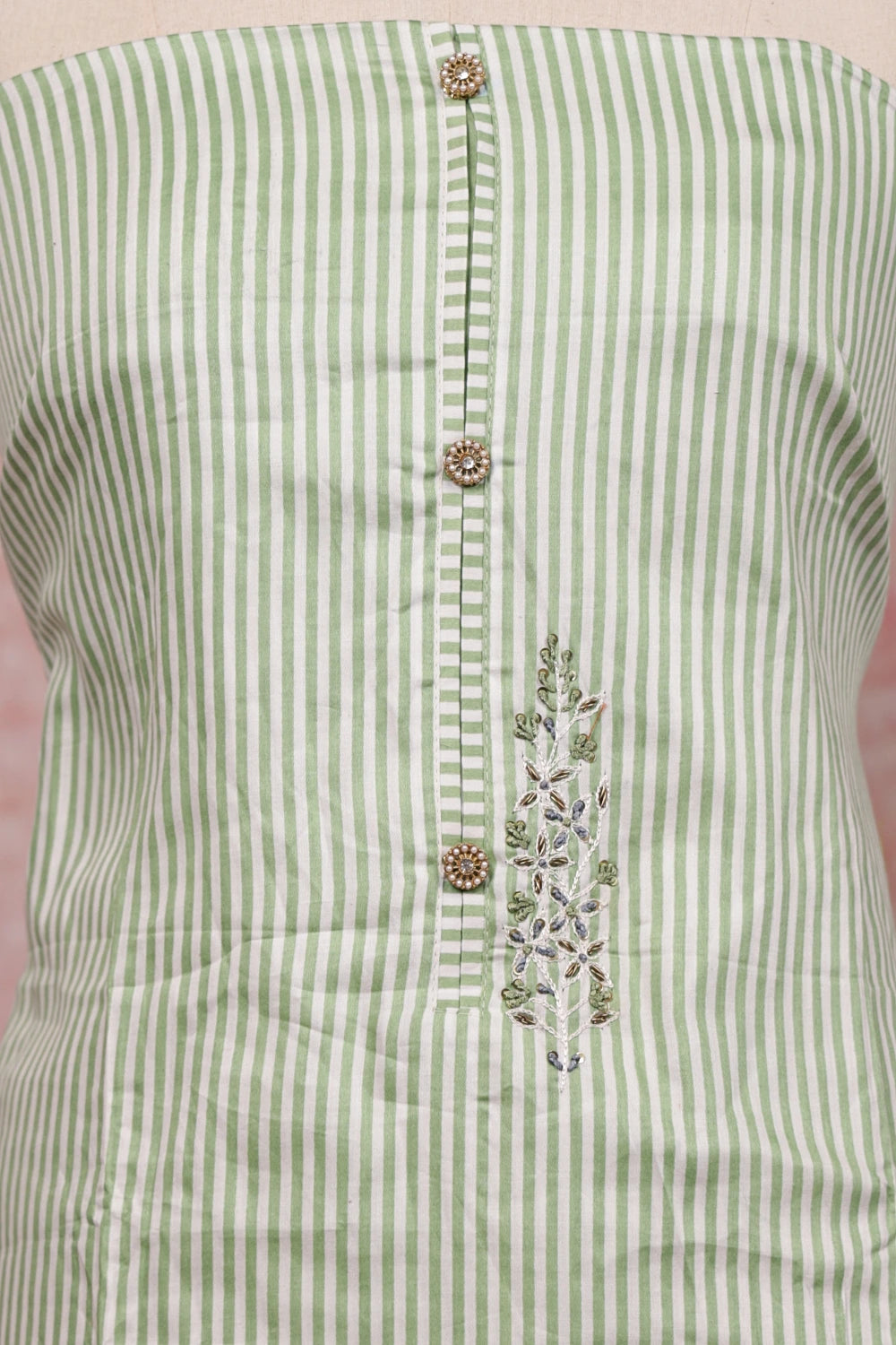 Green Cotton Lines Unstitched Churidhar Material