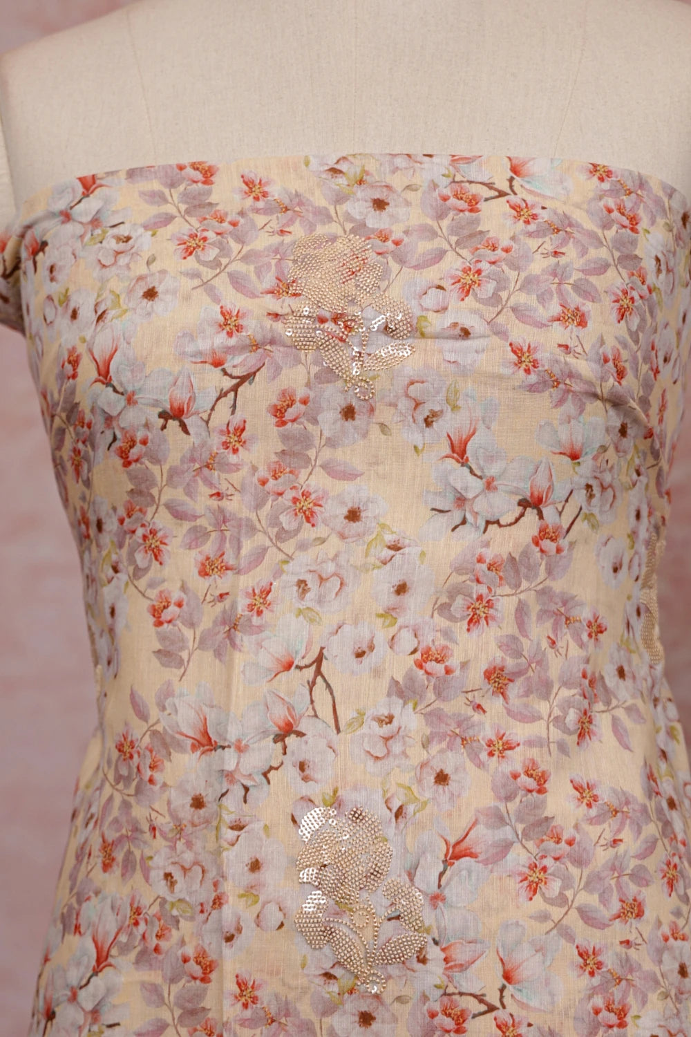 Cream Cotton Printed Unstitched Churidhar Material