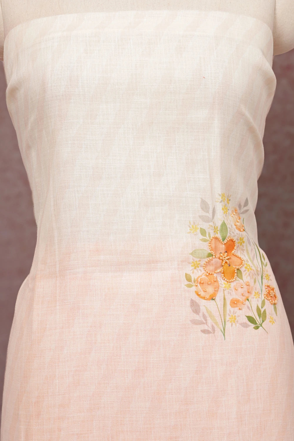 Cream Semi Linen Beads Work Unstitched Churidhar Material